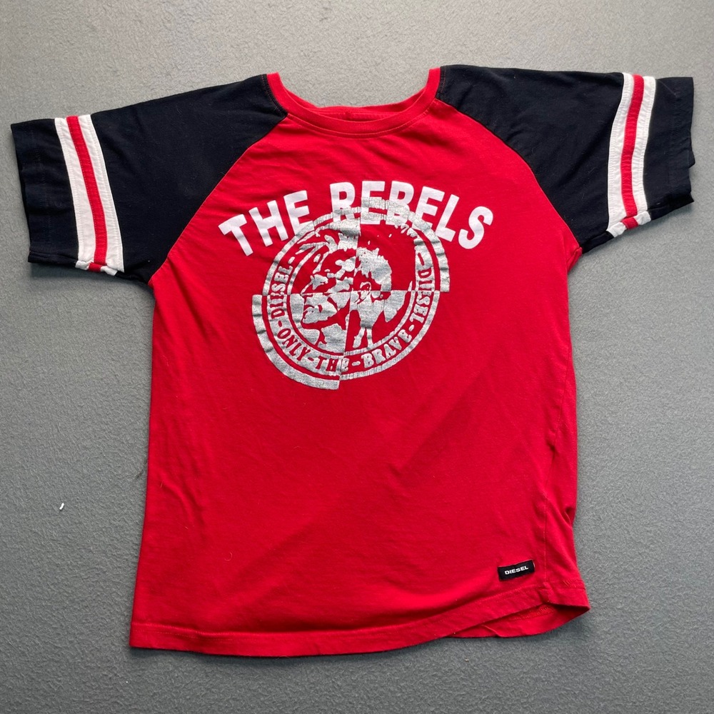 Diesel Graphic T-Shirt Boys‎ L 14-16 Red Black Good Only The Brave Rebels Raglan